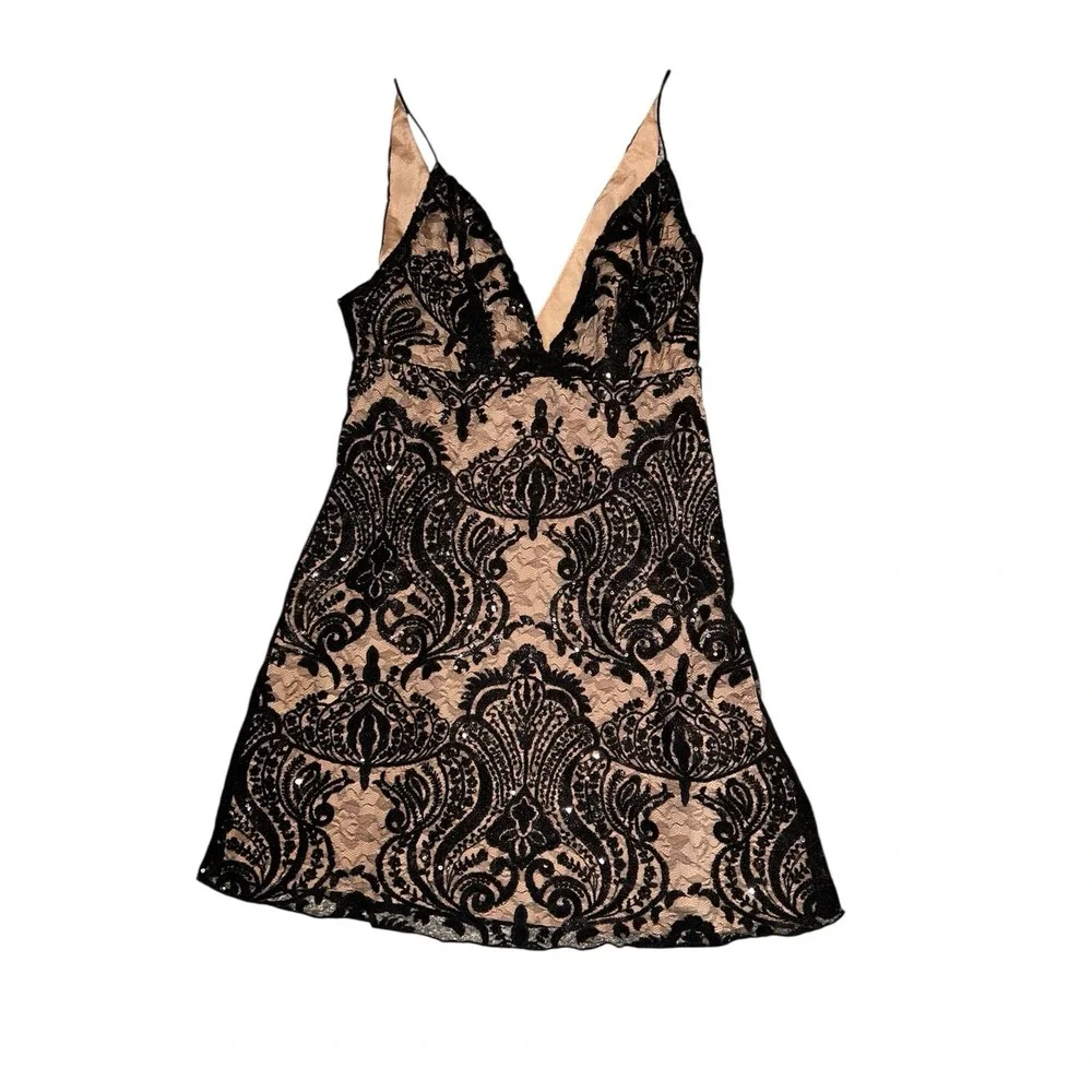 Free People Night Shimmer Mini Dress Plunge Black‎ Sequin Lace Nude Slip Party 2